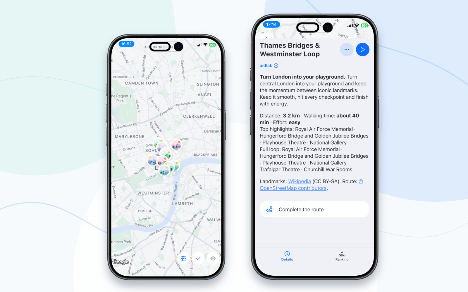 Aidlab Challenges map with London routes shown in iPhone 17 frames
