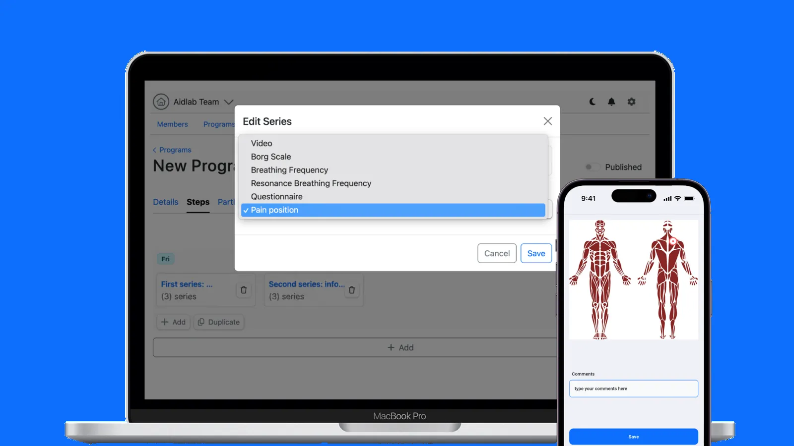 Wybór lokalizacji bólu w programach Aidlab
