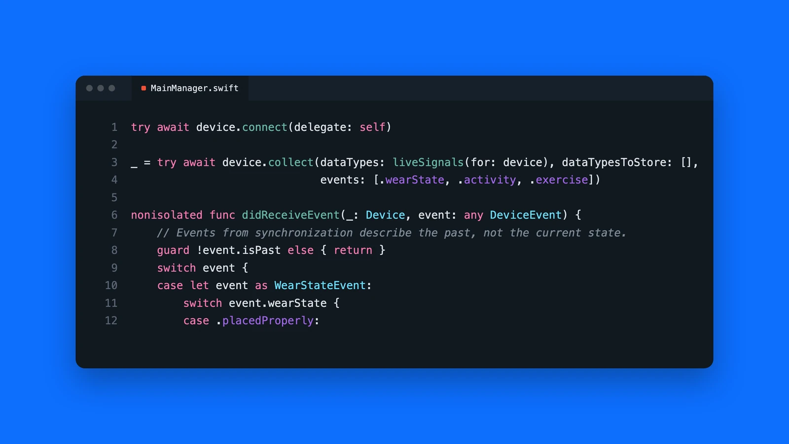 Code editor with Swift code from the Aidlab SDK 2.8 example app, on a blue background