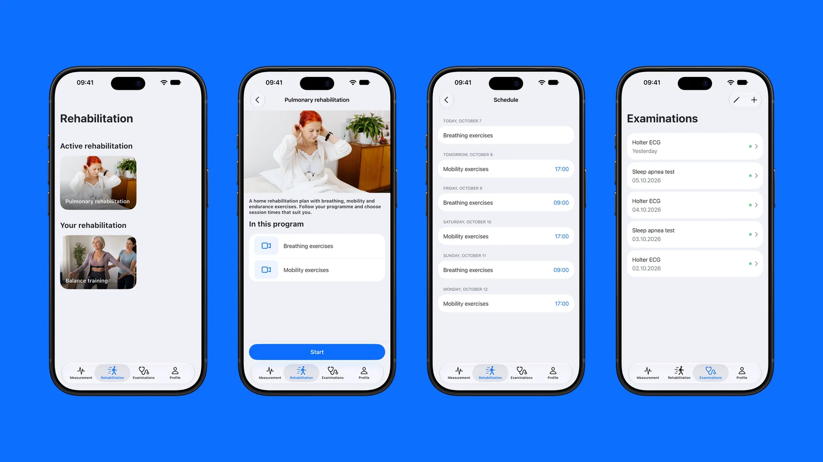 Four Aidmed Health screens on a blue background: rehabilitation, program details, schedule and examinations
