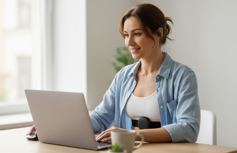 Woman with laptop and Aidlab 2