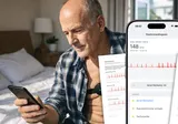 Mężczyzna z Aidlabem, aplikacją EKG i raportami EKG