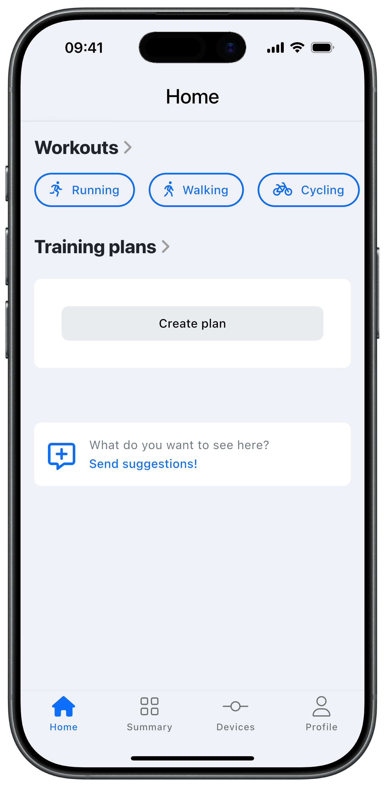 Home tab showing Training plans and Bodyweight Workouts card