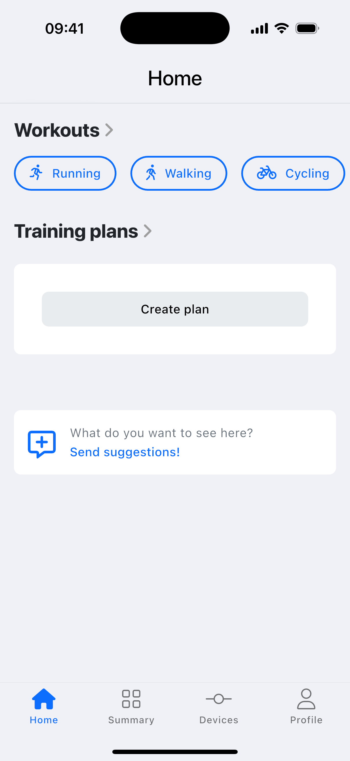 Home tab showing Training plans and Bodyweight Workouts card