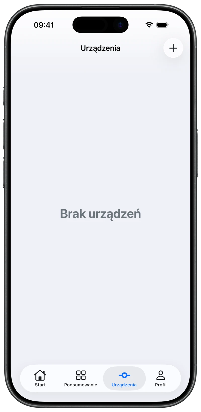 Ekran Urządzenia w Aidlab z przyciskiem plus w prawym górnym rogu.